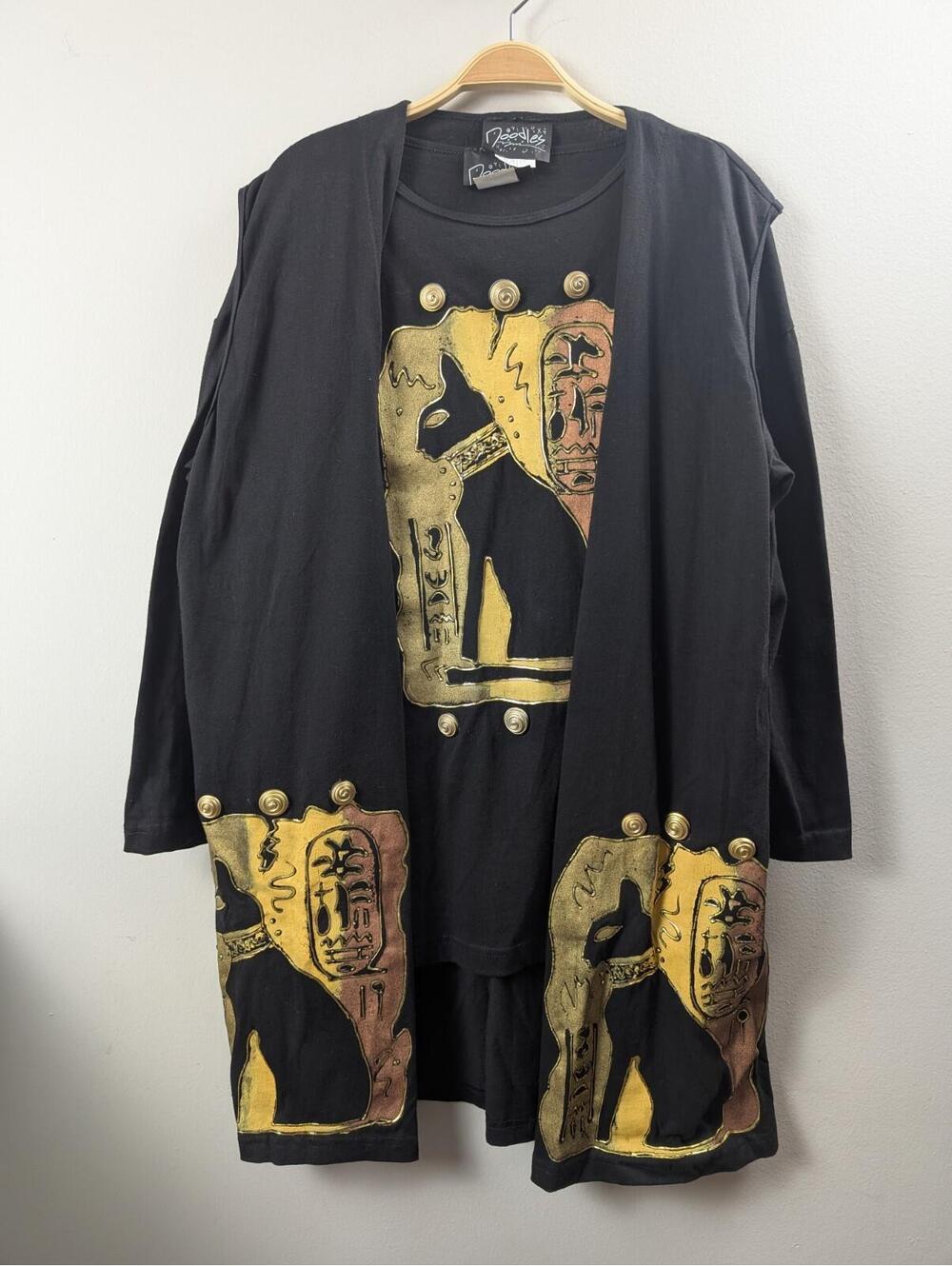 VTG 80s 90s Doodles USA Made Cotton Puff Paint Art Egyptian Cat Vest & Shirt S